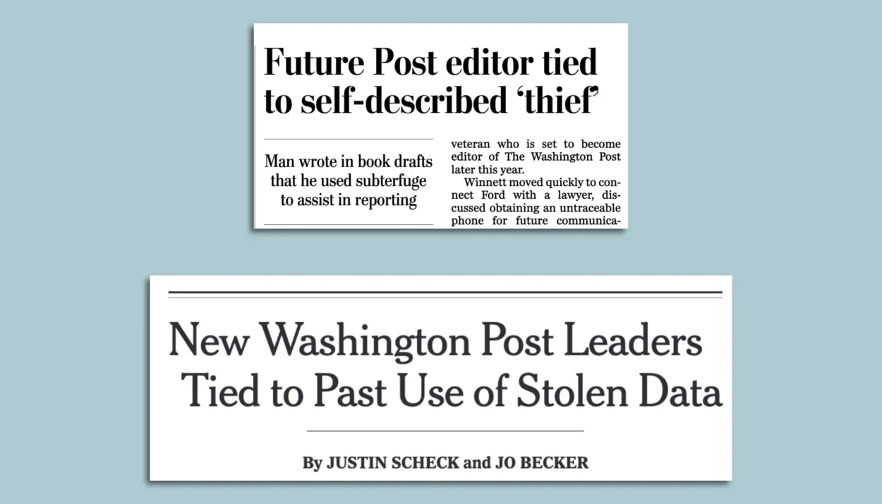 Headlines from the June 17 editions of the Washington Post (top) and New York Times.\Axios