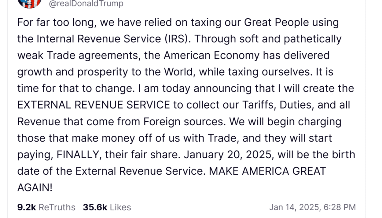 Trump will create External Revenue Service to collect revenue from foreign sources