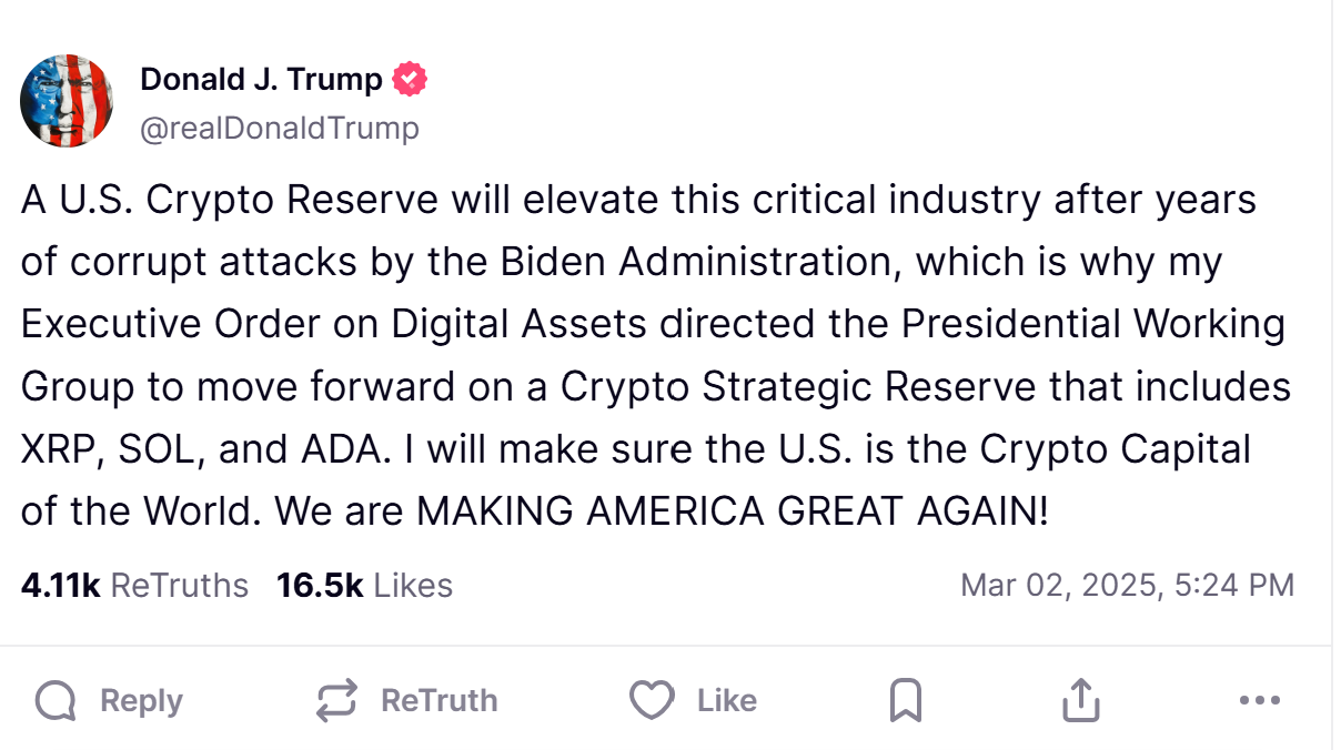 Trump Announces US Crypto Reserve With XRP, Cardano, and Solana