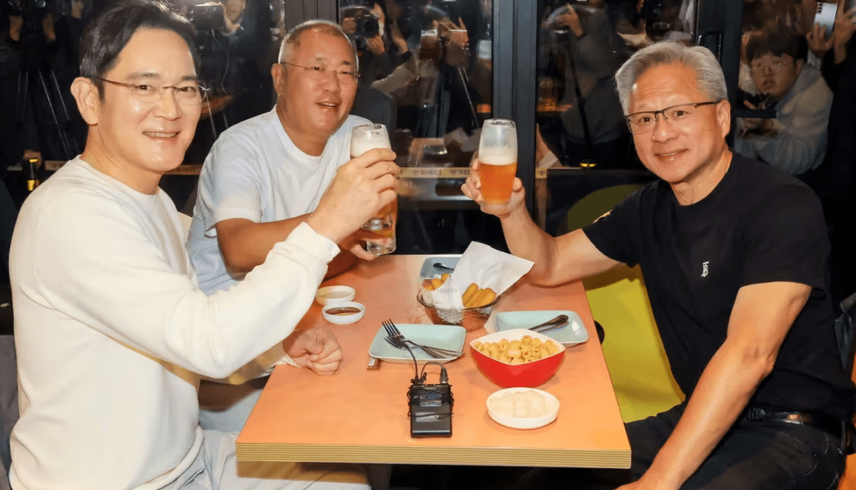 Jay Y Lee Chung Euisan and Jensen Huang chillaxing at a fried chicken restaurant in Seoul - Finblog Jay Y Lee, Chung Euisan and Jensen Huang chillaxing at a fried chicken restaurant in Seoul