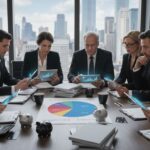 Investors collaborating on money saving strategies