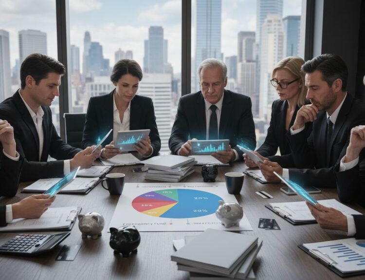 Investors collaborating on money saving strategies