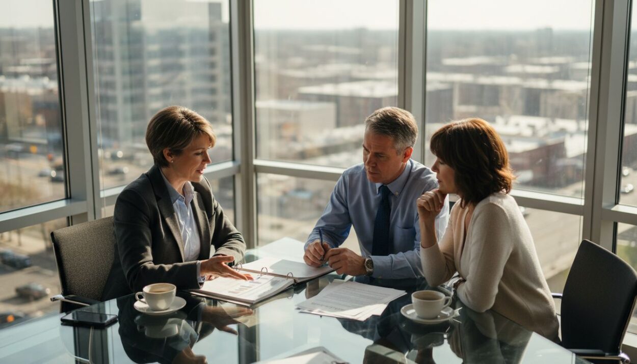 Advisor reviewing plan with couple in office