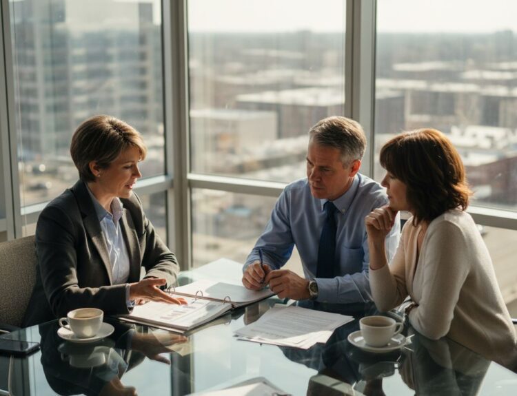 Advisor reviewing plan with couple in office
