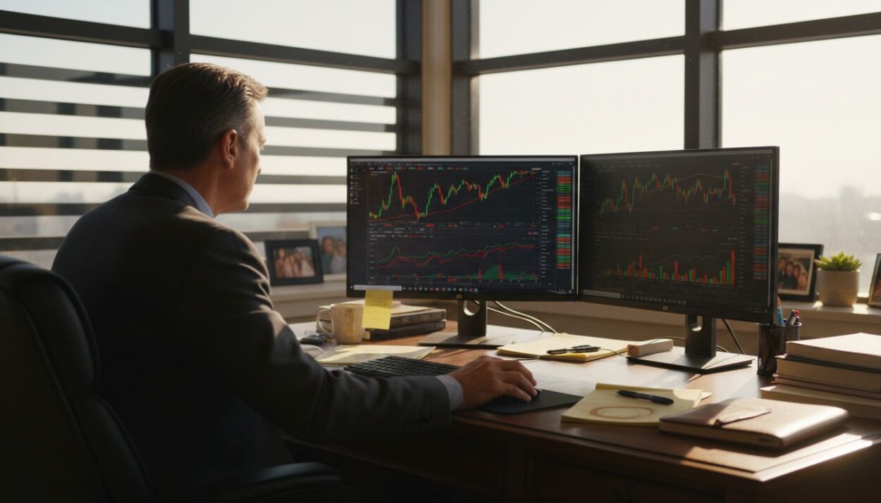 Investor reviewing stock performance in office