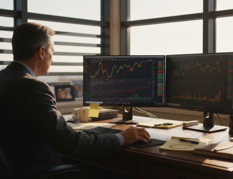 Investor reviewing stock performance in office