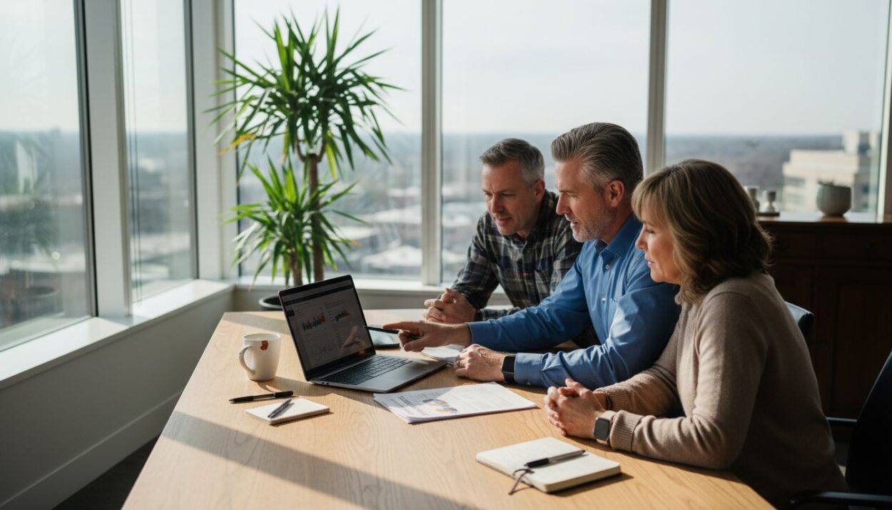 Financial advisor meeting with clients in office