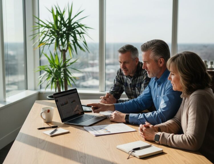 Financial advisor meeting with clients in office