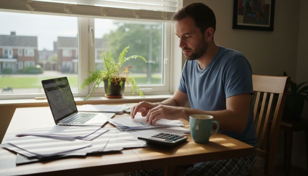 Man sorting finances on home table