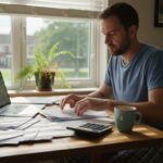 Man sorting finances on home table