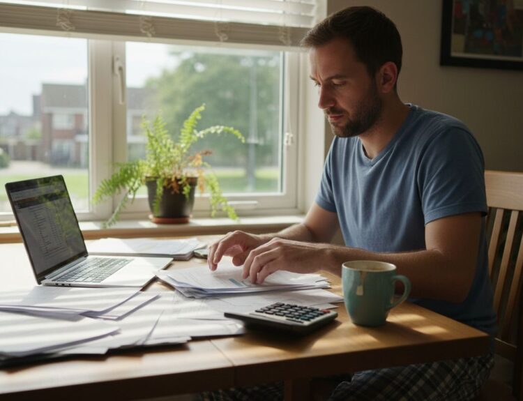 Man sorting finances on home table