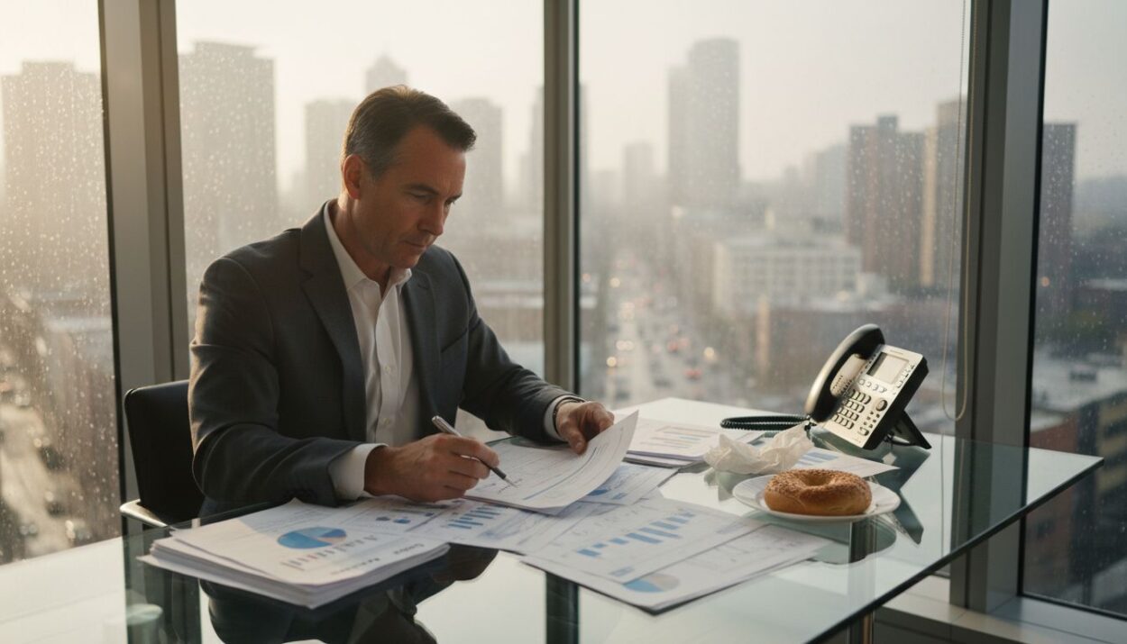 Investor reading economic reports at office desk