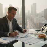 Investor reading economic reports at office desk - Finblog Investor reading economic reports at office desk