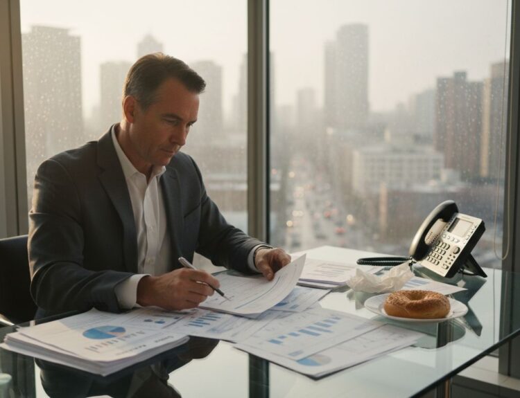Investor reading economic reports at office desk