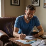 Man sorting bills and planning finances - Finblog Man sorting bills and planning finances