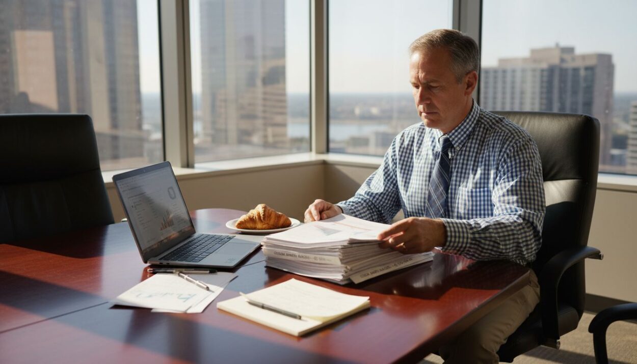 Financial advisor reviewing market reports in sunlit office