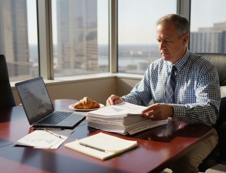 Financial advisor reviewing market reports in sunlit office