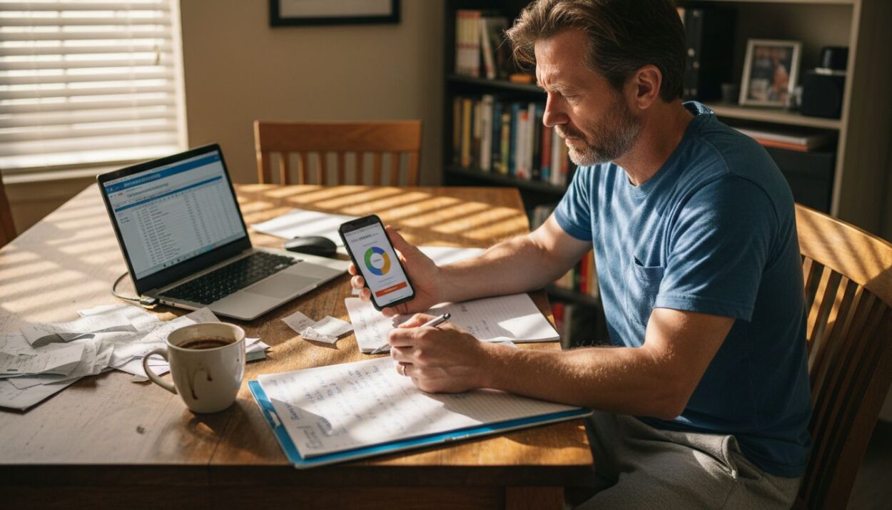 Man tracking financial plan at home table