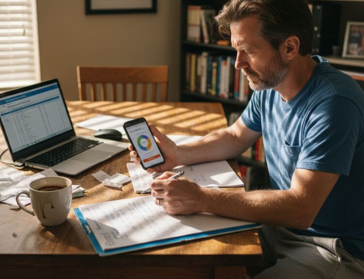 Man tracking financial plan at home table
