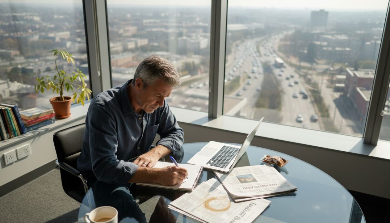 Investor analyzing reports in sunlit office