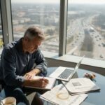 Investor analyzing reports in sunlit office - Finblog Investor analyzing reports in sunlit office