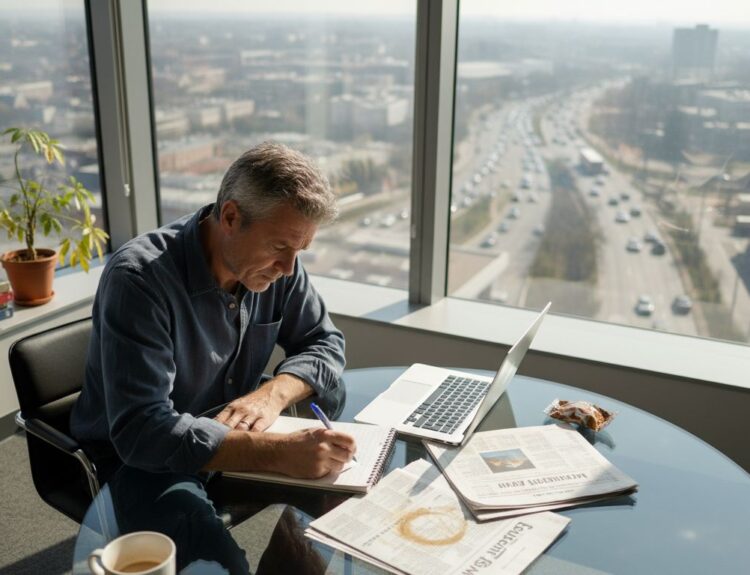 Investor analyzing reports in sunlit office