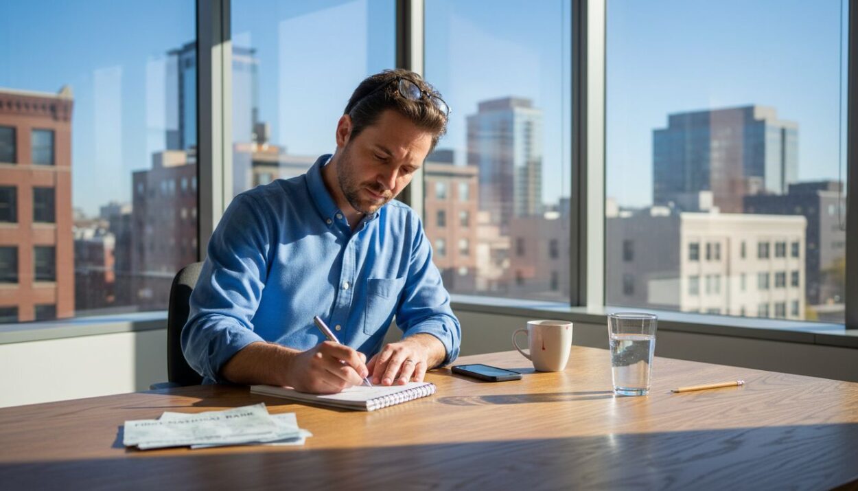 Man setting financial goals at office desk