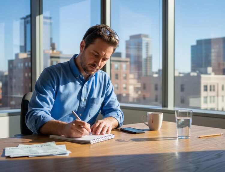 Man setting financial goals at office desk