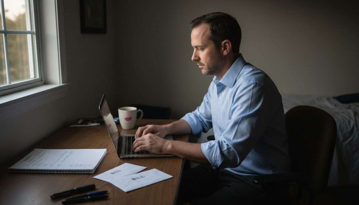 Busy professional working evening side hustle at home desk