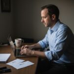 Busy professional working evening side hustle at home desk - Finblog Busy professional working evening side hustle at home desk