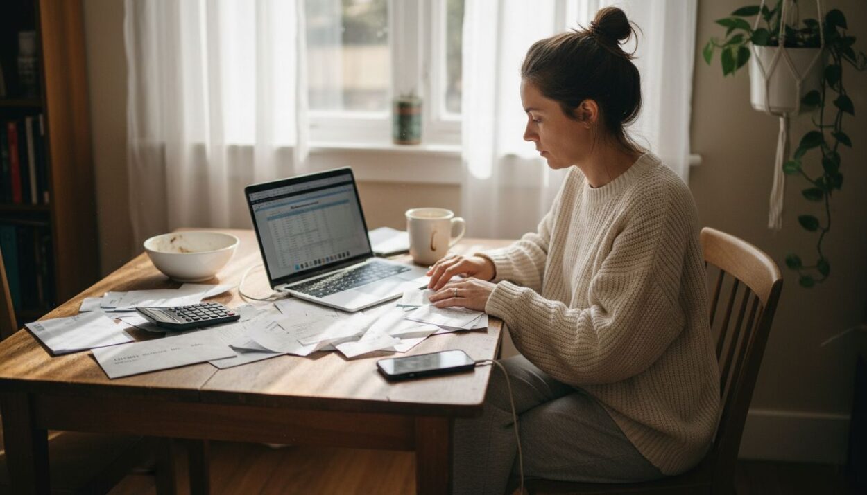 Woman reviewing finances at kitchen table