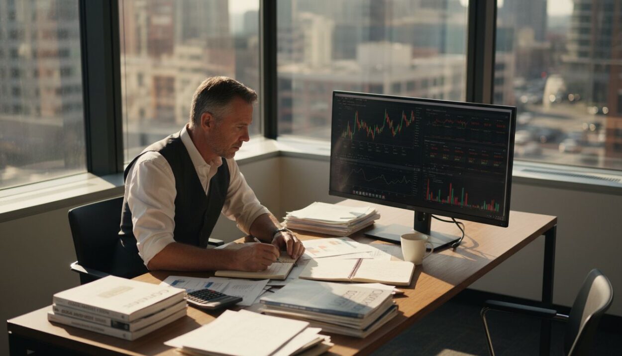Advisor studying fluctuating stock graphs in office