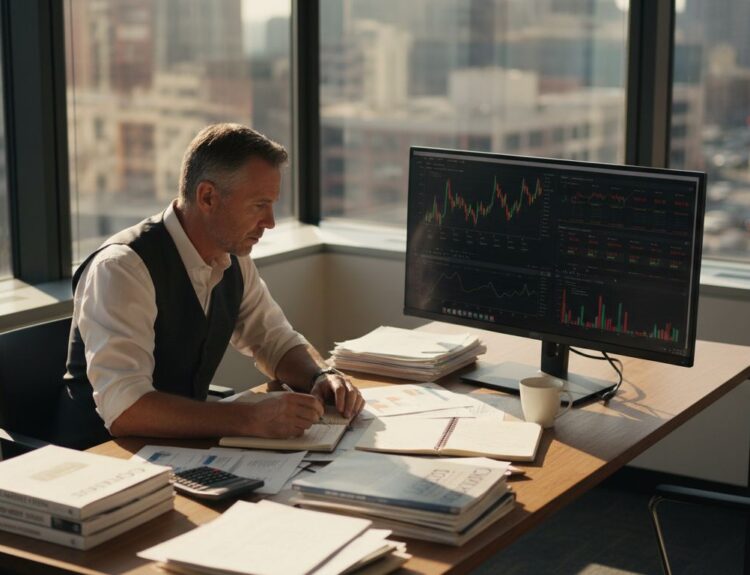 Advisor studying fluctuating stock graphs in office
