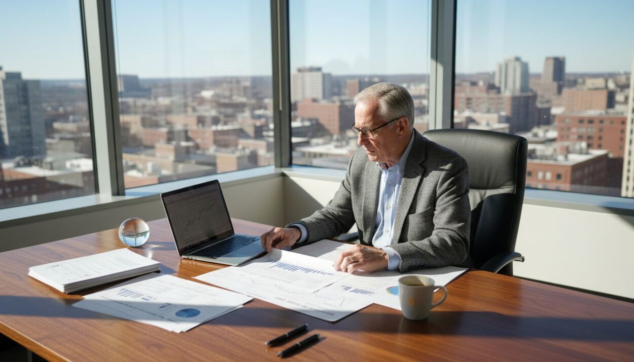 Investor reviewing government bond paperwork in office