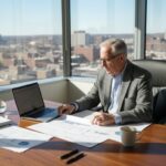 Investor reviewing government bond paperwork in office