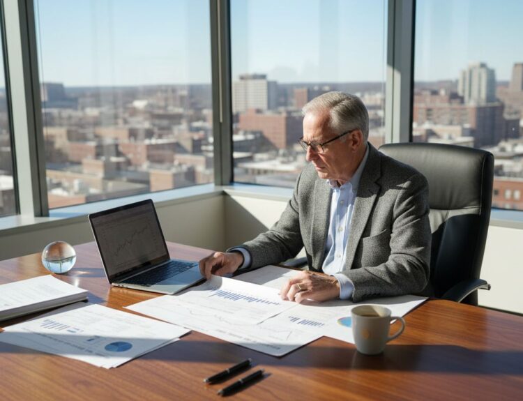 Investor reviewing government bond paperwork in office