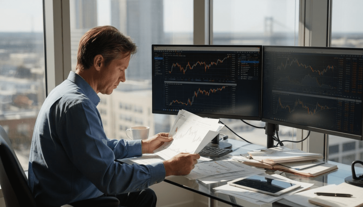 Investor analyzing stocks in high-rise office