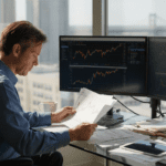 Investor analyzing stocks in high-rise office