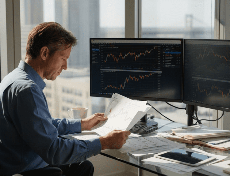Investor analyzing stocks in high-rise office