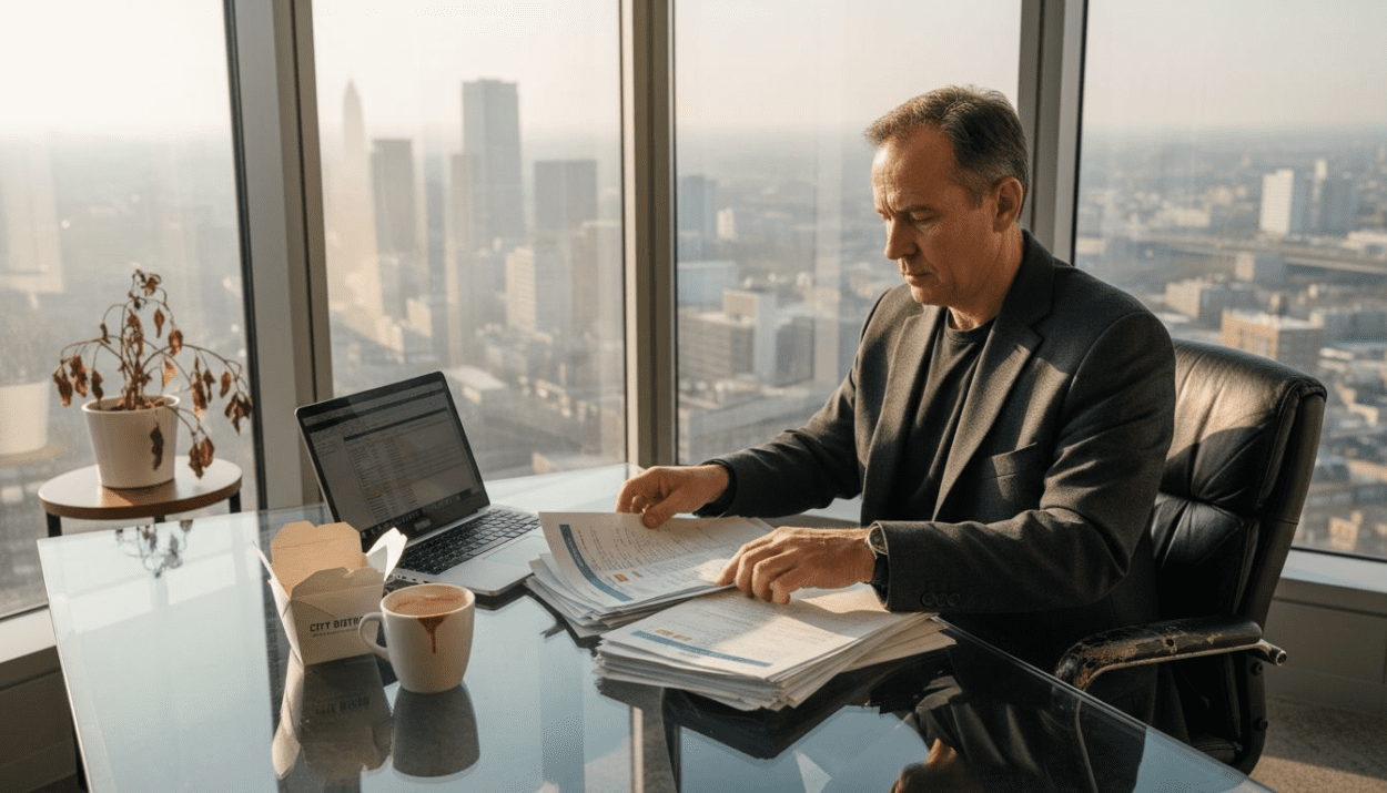 Investor reviewing documents in corner office
