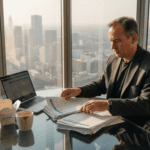 Investor reviewing documents in corner office - Finblog Investor reviewing documents in corner office