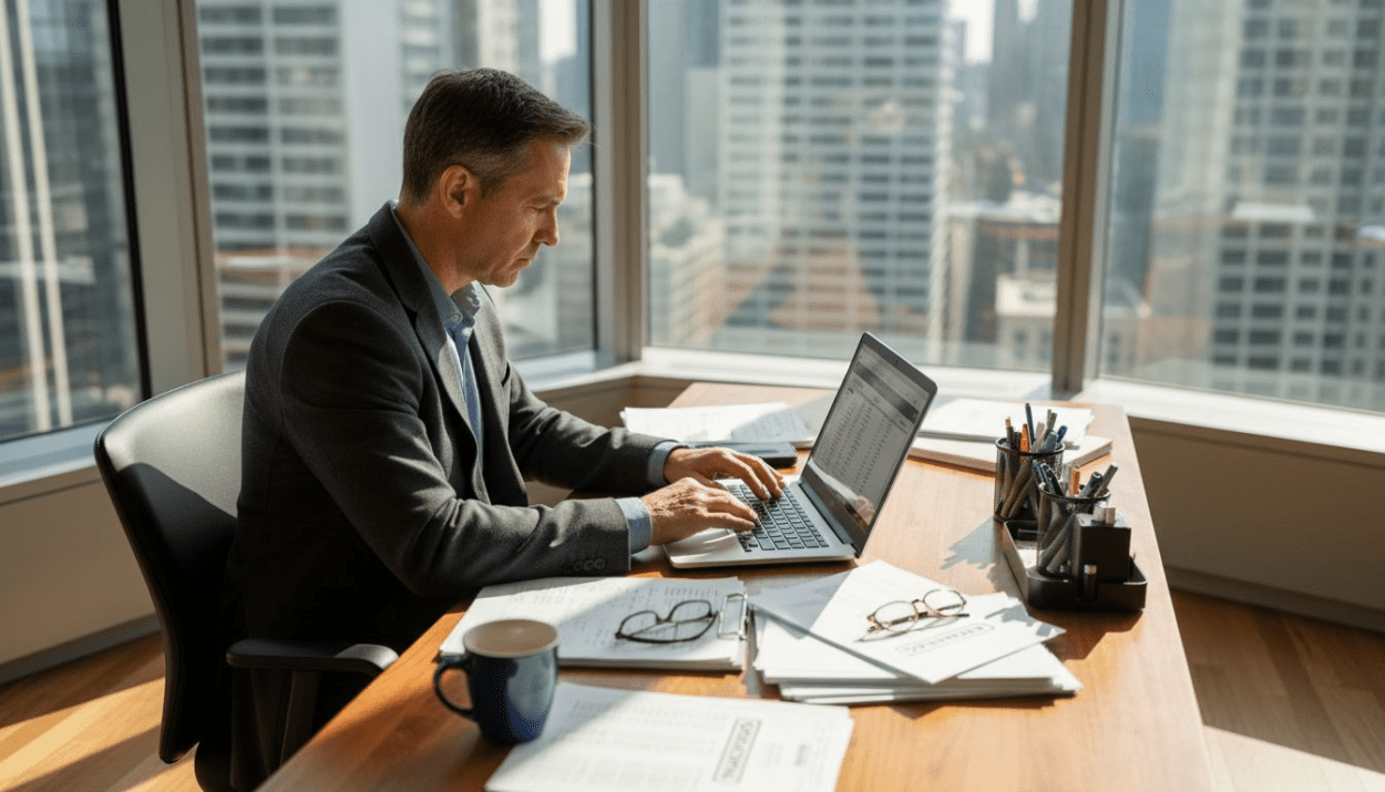 Investor analyzing portfolio risk in office