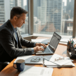 Investor analyzing portfolio risk in office