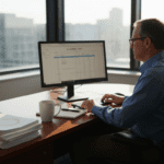 Investor reviewing bond portfolio in sunlit corner office - Finblog Investor reviewing bond portfolio in sunlit corner office