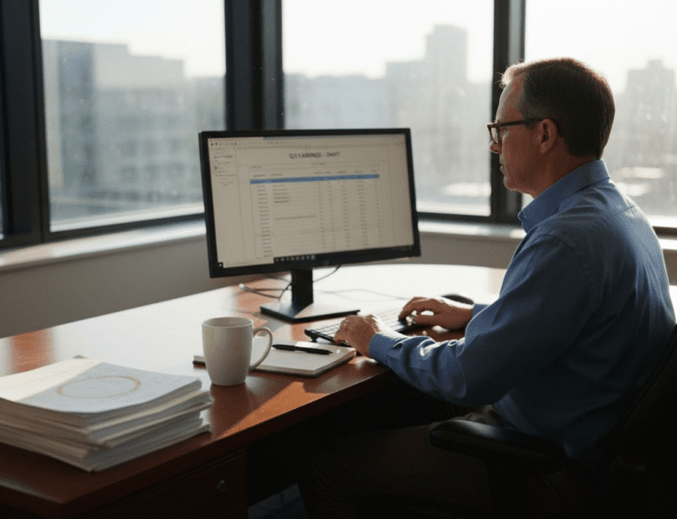 Investor reviewing bond portfolio in sunlit corner office