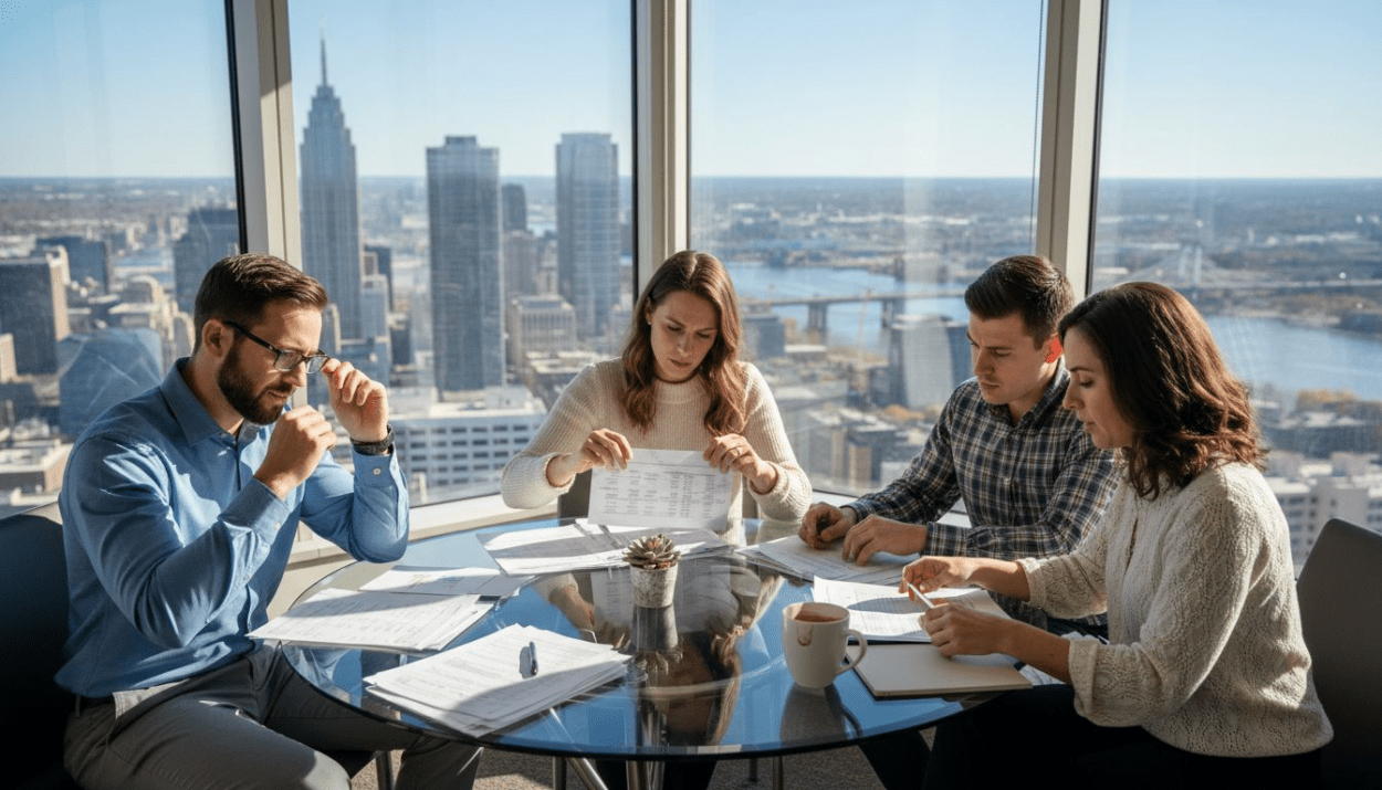 Investors collaborating on mutual fund documents