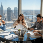 Investors collaborating on mutual fund documents