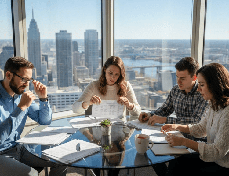 Investors collaborating on mutual fund documents