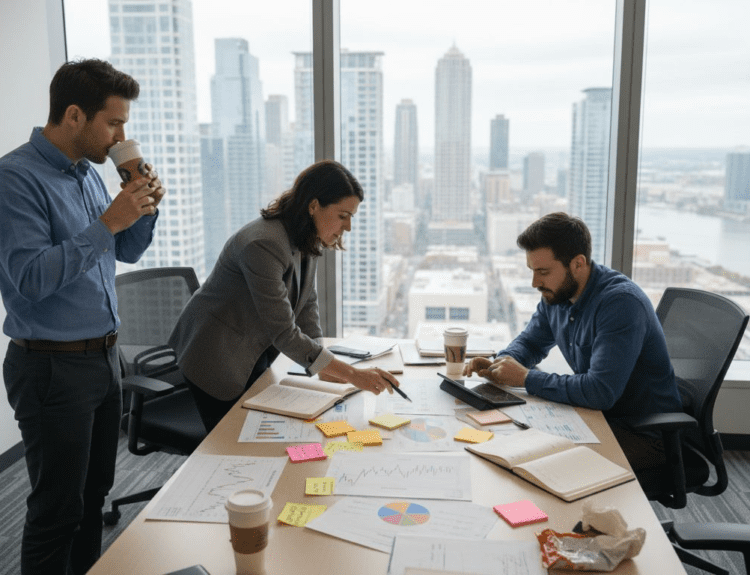 Investment analysts reviewing inflation impact charts