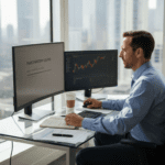 Finance professional learning at glass desk with monitors